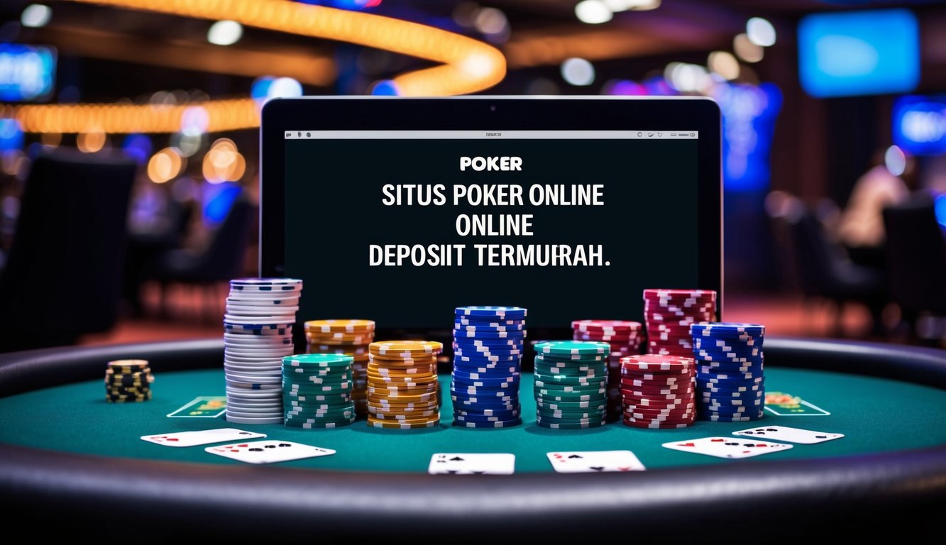 Meja poker online yang hidup dikelilingi oleh tumpukan chip berwarna-warni dan satu dek kartu, dengan antarmuka digital yang menampilkan kata-kata "Situs Poker Online Deposit Termurah."