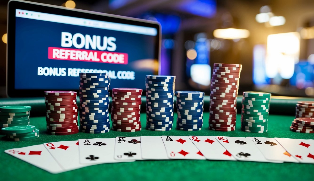 Sekelompok chip poker dan kartu yang disusun di atas meja felt hijau dengan kode referensi bonus yang ditampilkan di layar digital