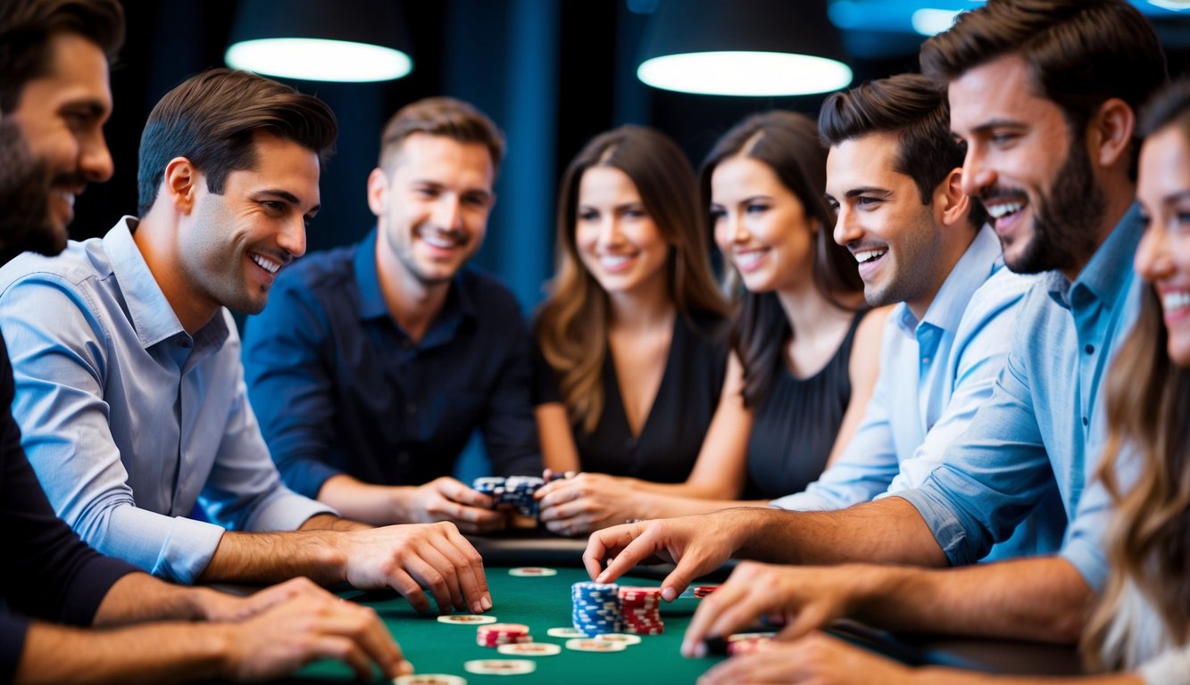 Sekelompok orang yang bermain poker online tanpa investasi uang besar, dengan fokus dan kegembiraan yang intens di wajah mereka