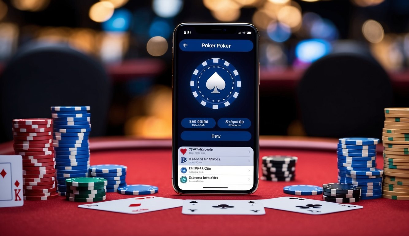 Sebuah smartphone dengan aplikasi poker terbuka, dikelilingi oleh chip kasino dan kartu di atas meja