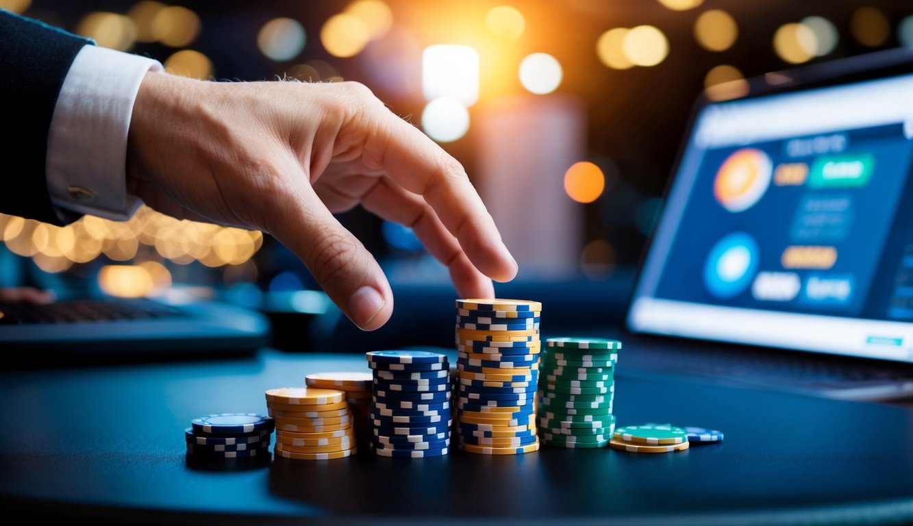 Sebuah tangan menjangkau tumpukan chip poker dengan antarmuka digital di latar belakang, melambangkan penarikan cepat secara online