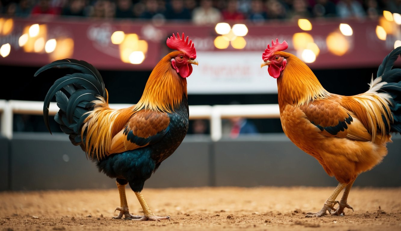 Seekor ayam jantan dan induk ayam berhadapan di arena sabung ayam online yang berlisensi