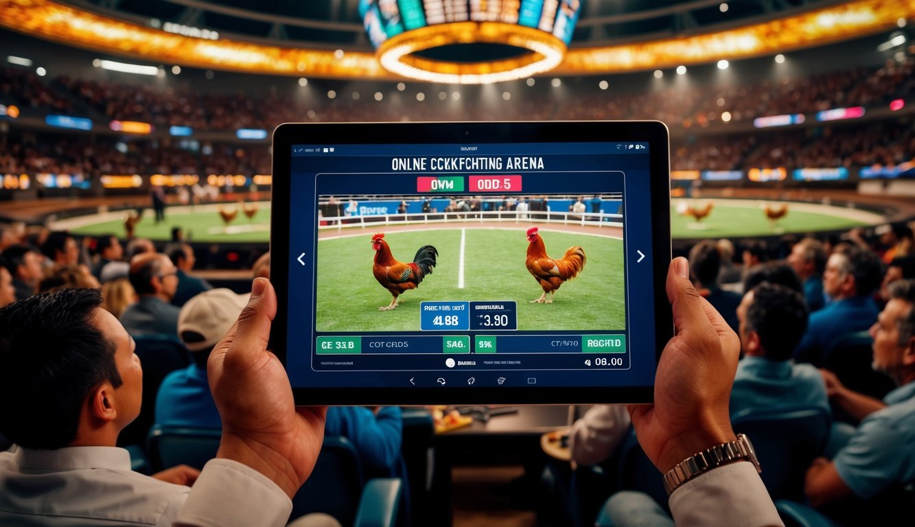 Arena sabung ayam online yang hidup dengan odds dinamis yang ditampilkan di antarmuka digital, dikelilingi oleh penonton yang antusias