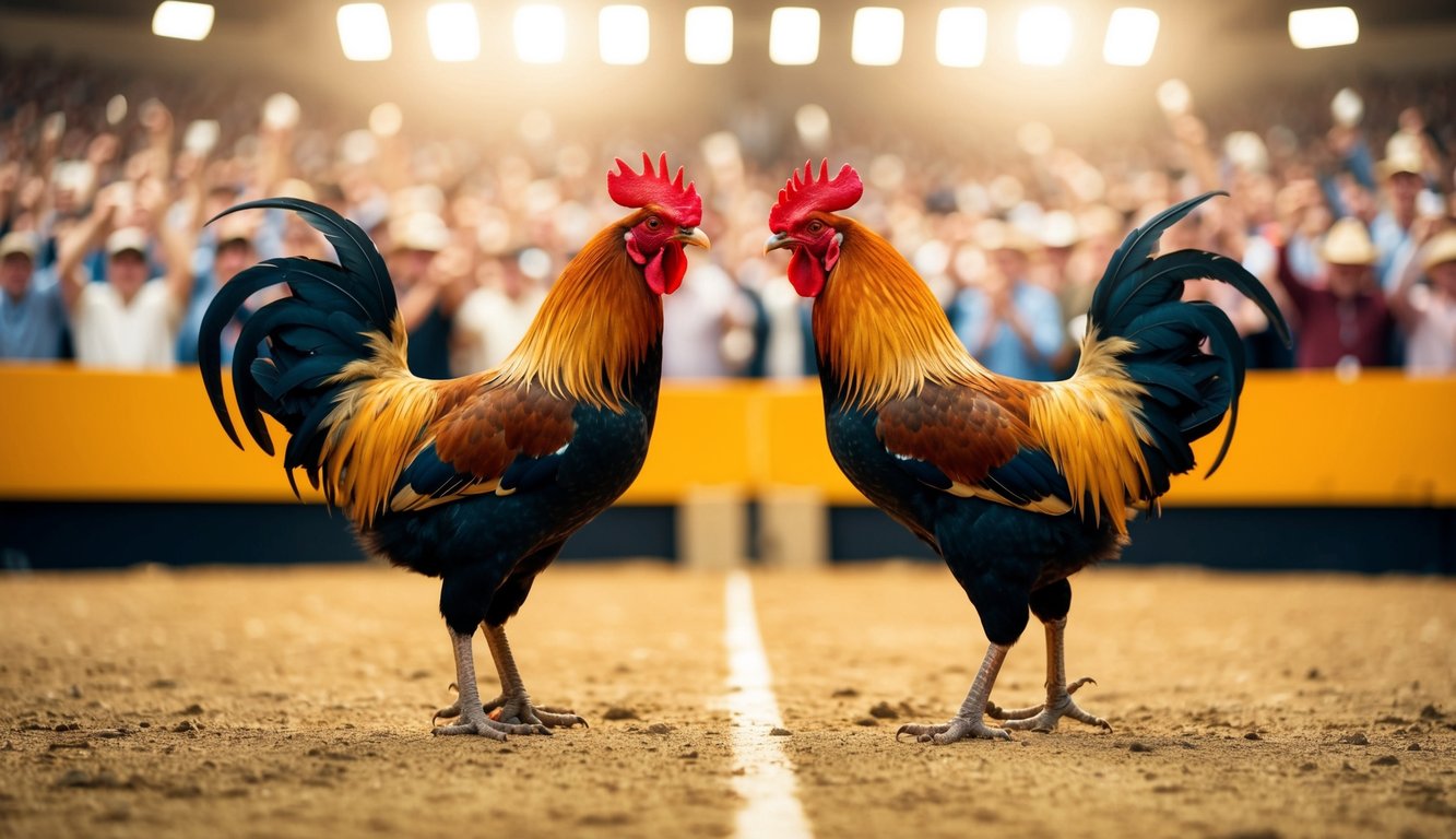 Dua ayam jantan berhadapan di arena yang terang benderang, dikelilingi oleh kerumunan penonton yang bersorak-sorai dan memasang taruhan.