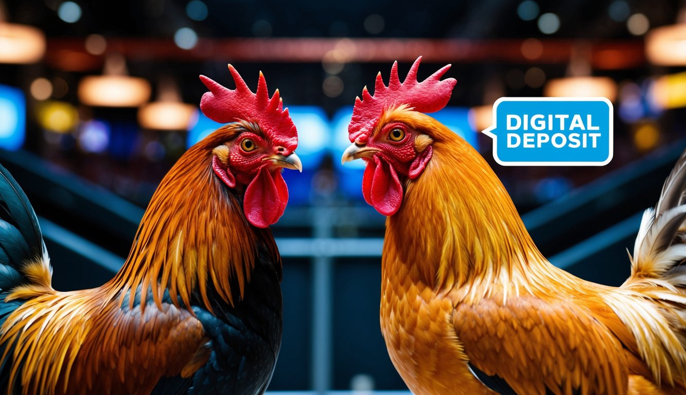 Seekor ayam jantan dan betina berhadapan di arena online yang ramai dan penuh warna, dengan fitur deposit digital yang disorot.