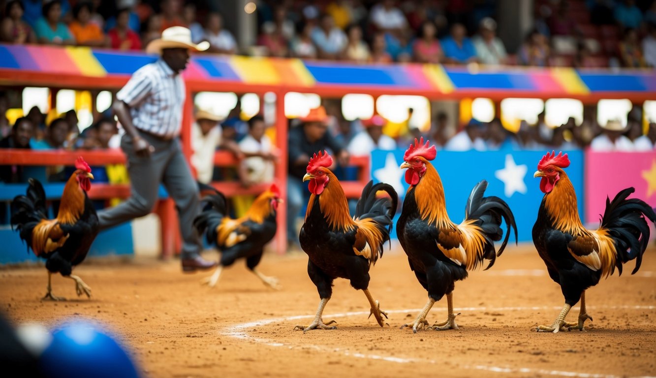 Arena sabung ayam yang berwarna-warni dan meriah dengan penonton yang bersorak dan ayam jantan yang bertarung