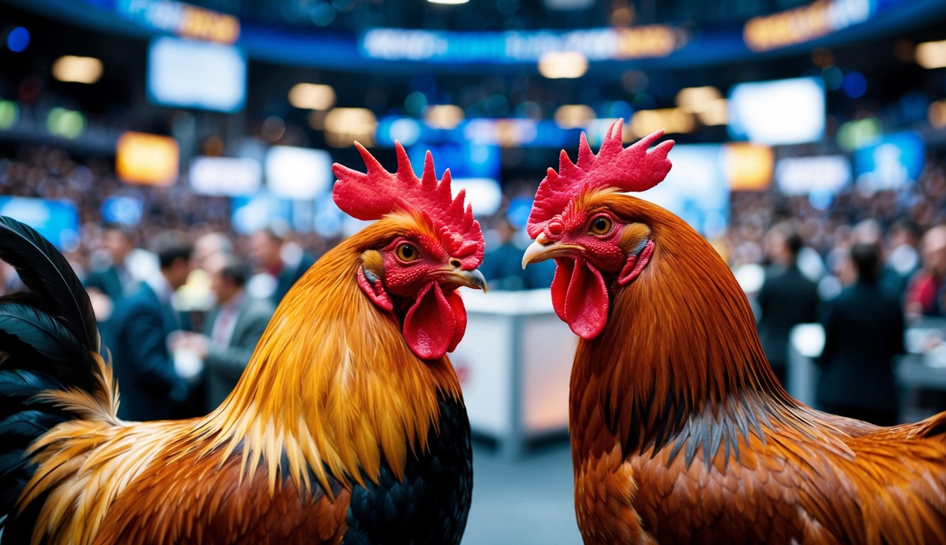 Seekor ayam jantan dan induk ayam berhadapan di arena online yang hidup dan ramai, dikelilingi oleh transaksi digital yang bergerak cepat.