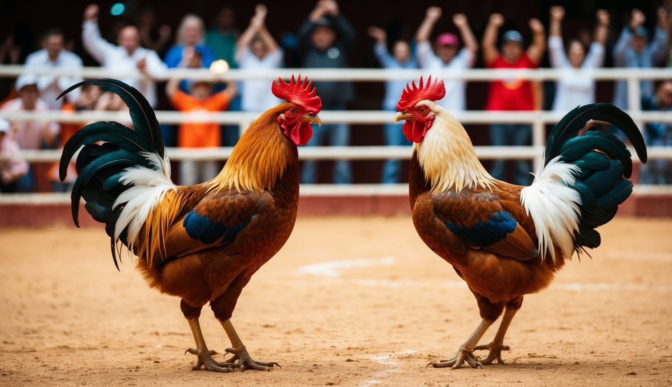 Dua ayam jantan berhadapan di arena sabung ayam dengan kerumunan penonton bersorak di latar belakang