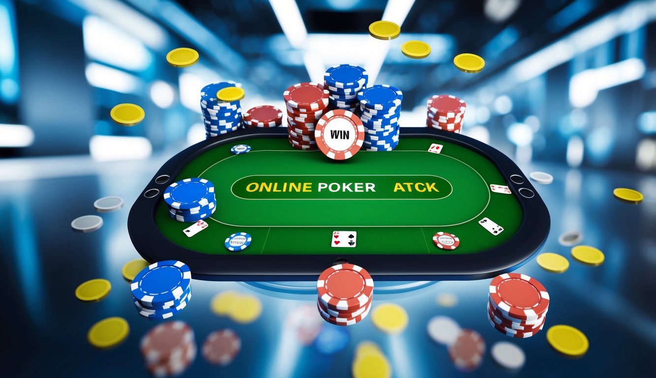 Sebuah meja poker online yang hidup dengan tingkat kemenangan tinggi, dikelilingi oleh kartu dan chip virtual, dengan latar belakang yang ramping dan modern