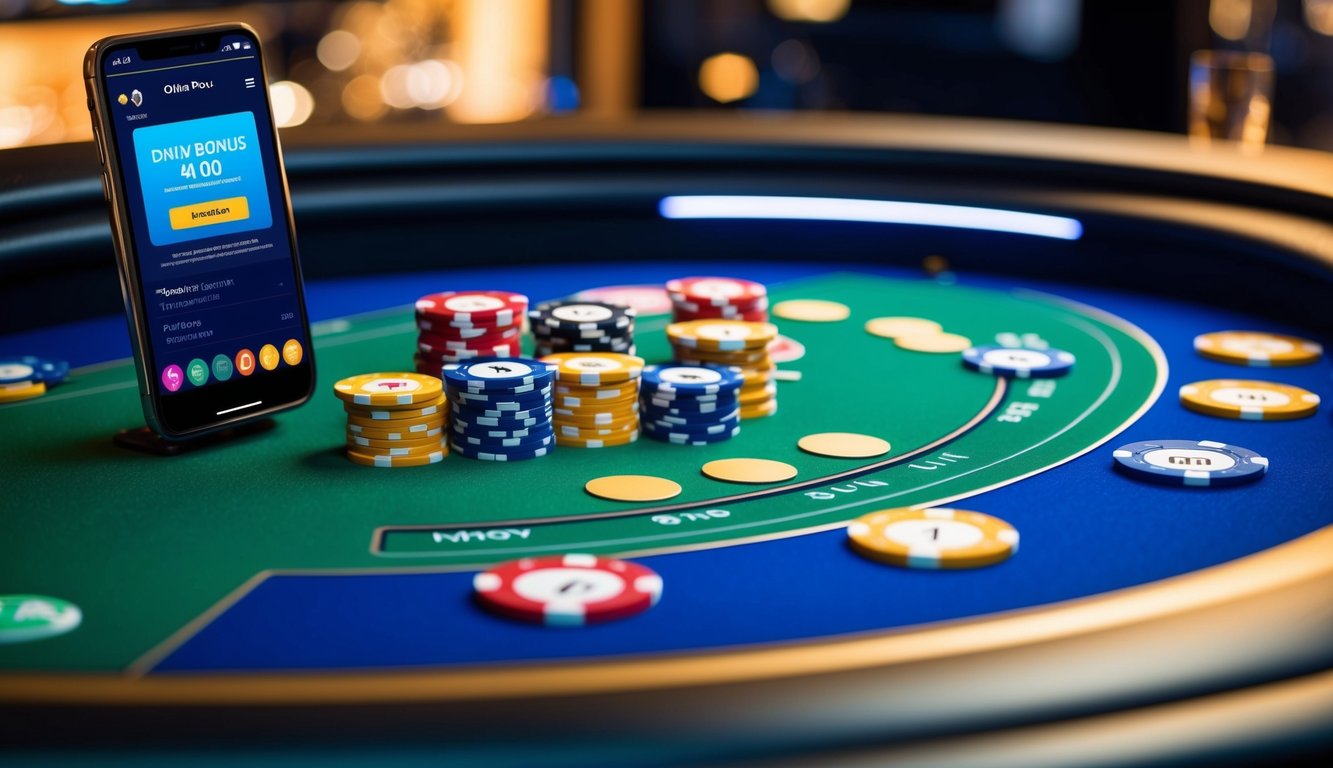 Sebuah meja poker online yang hidup dengan chip dan kartu berwarna-warni, dikelilingi oleh antarmuka yang ramping dan modern, dengan fitur bonus harian yang menonjol.