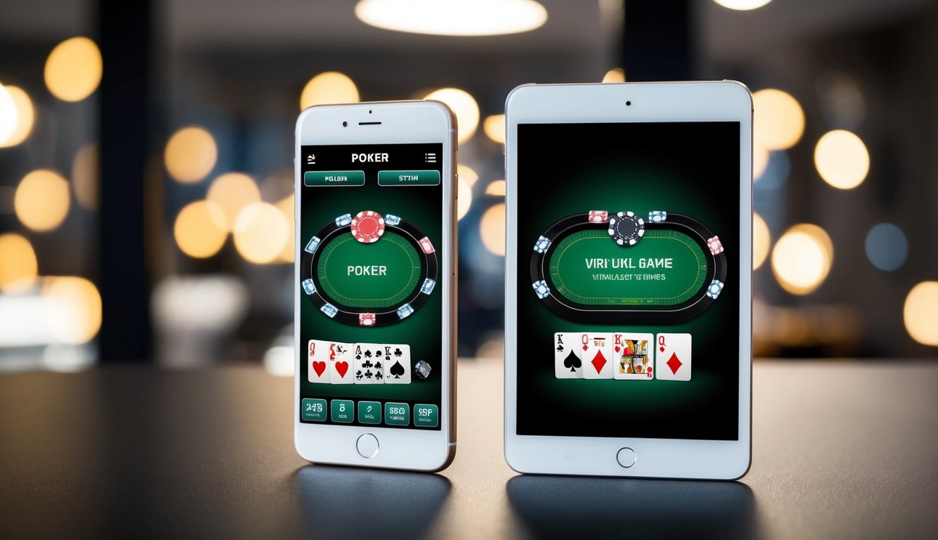 Sebuah smartphone dan tablet berdampingan, masing-masing menampilkan antarmuka permainan poker dengan chip dan kartu virtual