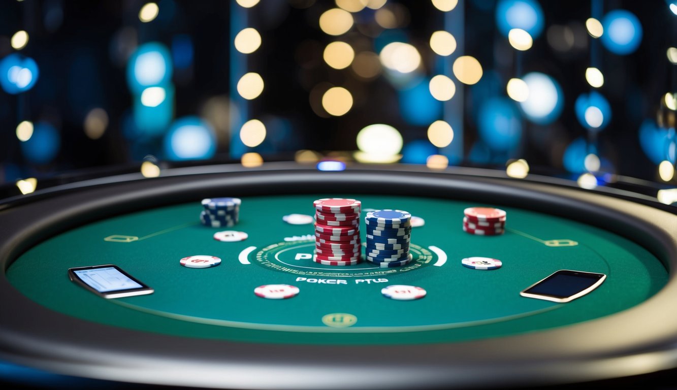 Sebuah meja poker online yang ramping dan modern dengan kartu dan chip digital, dikelilingi oleh sistem keamanan canggih