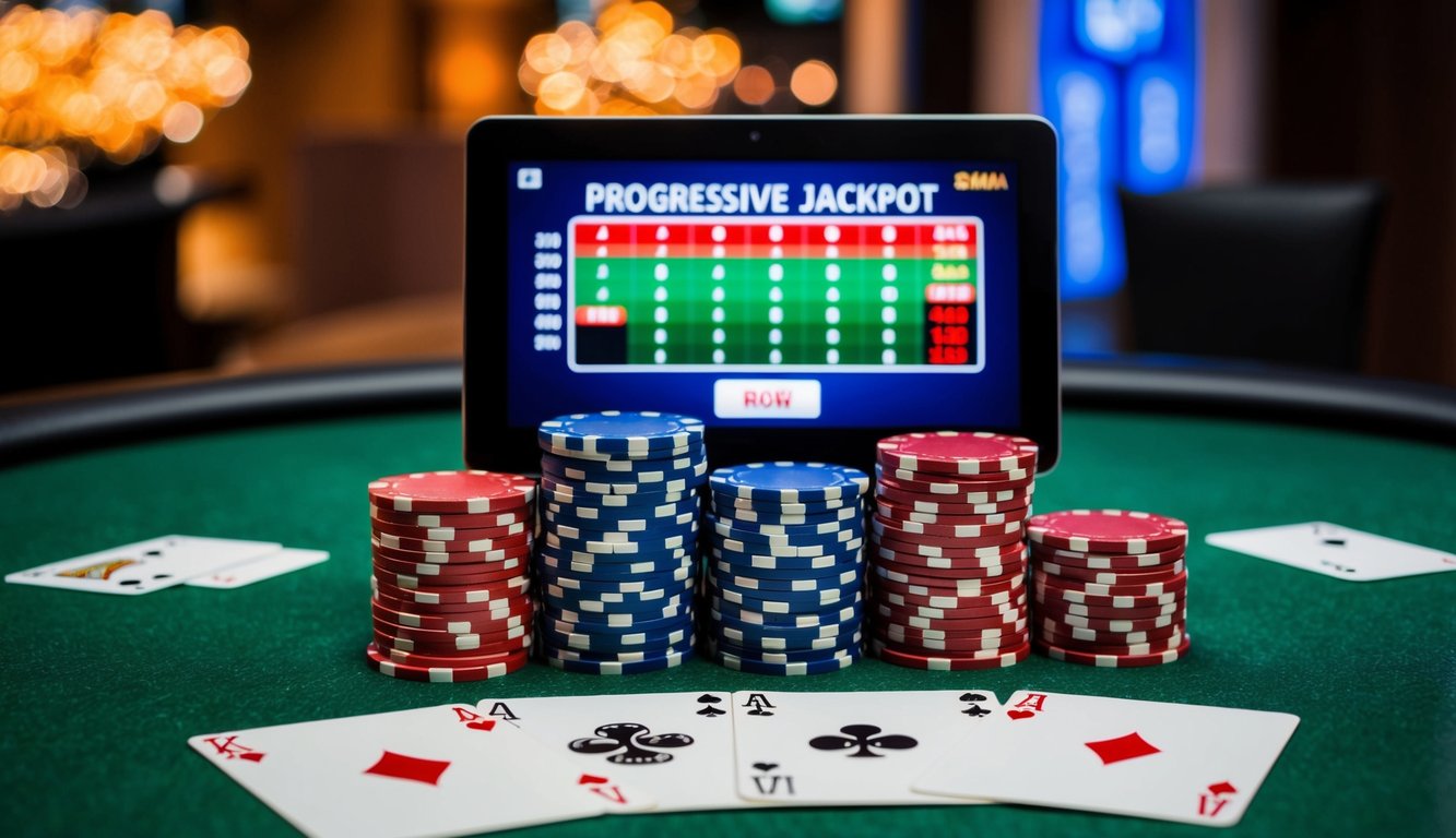 Sekelompok chip poker dan kartu di meja felt hijau, dengan tampilan digital yang menunjukkan jackpot progresif yang terus meningkat