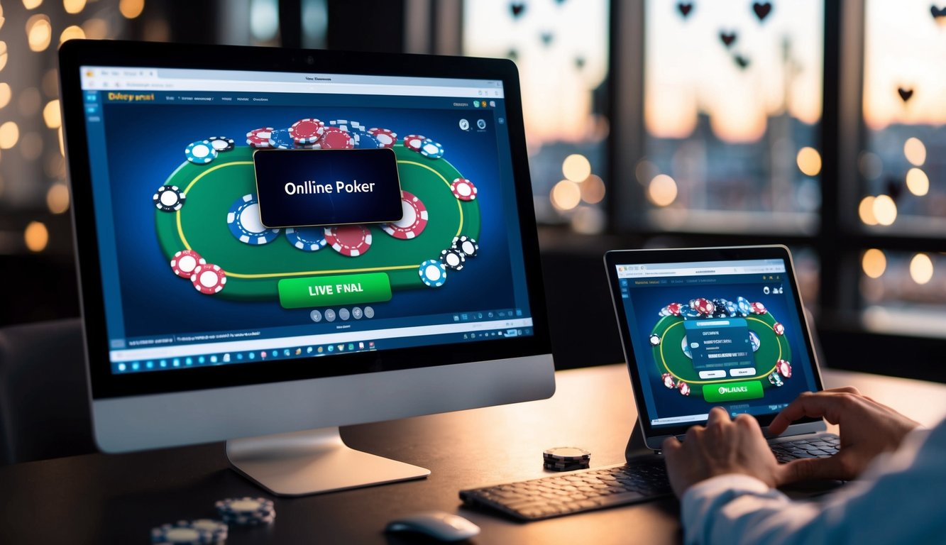 Sebuah layar komputer menampilkan permainan poker online dengan fitur obrolan langsung, dikelilingi oleh chip poker virtual dan kartu.