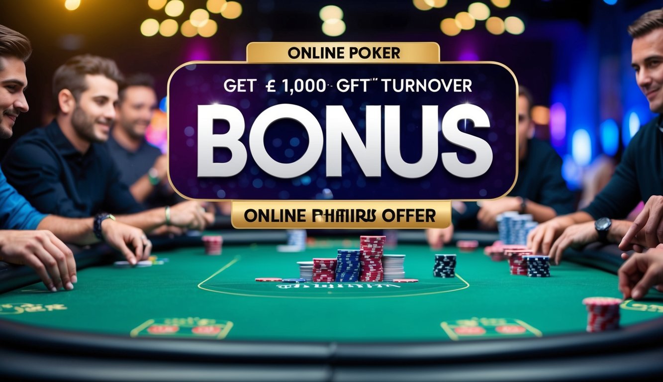 Meja poker online yang hidup dengan tawaran bonus perputaran besar yang ditampilkan secara mencolok. Beberapa pemain terlibat dalam permainan, dengan chip dan kartu tersebar di seluruh meja.