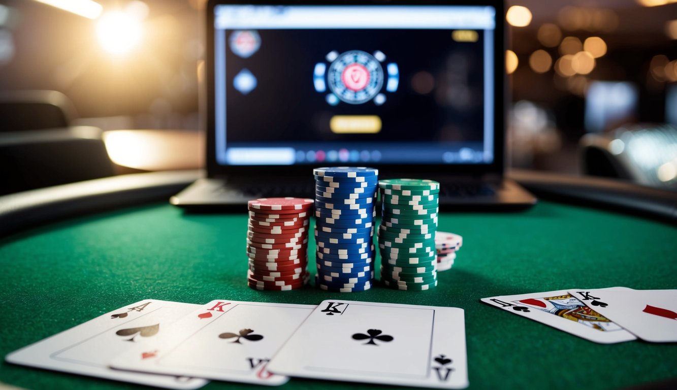 Sekelompok chip poker dan kartu permainan yang diatur di atas meja felt hijau, dengan platform poker online yang ramping dan terlihat profesional ditampilkan di layar komputer di latar belakang