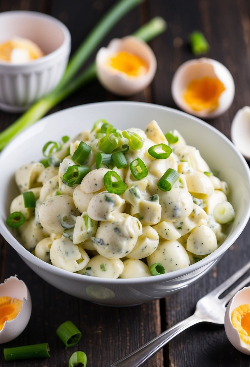 A bowl of century egg salad with green onions and mayonnaise, surrounded by cracked eggshells and a fork