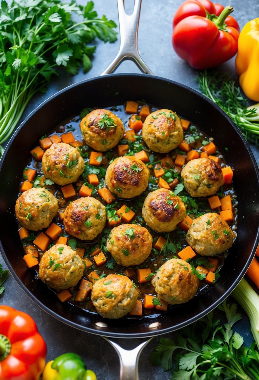 A sizzling skillet of spicy turkey meatballs surrounded by fresh herbs and colorful vegetables, ready for a quick and healthy dinner