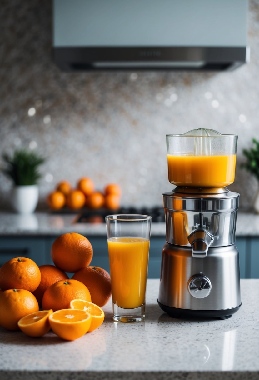 A glass of freshly squeezed orange juice surrounded by a variety of oranges and a juicer on a kitchen countertop