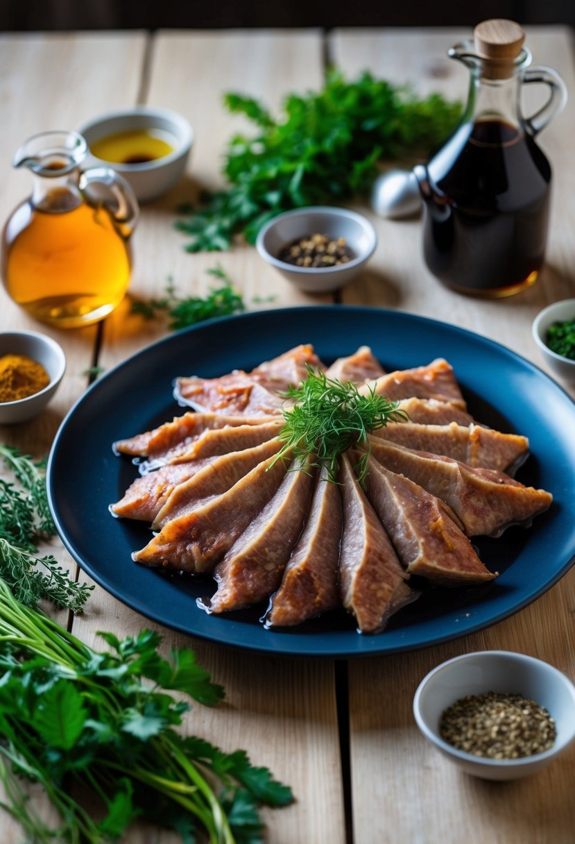 A table set with a plate of hákarl surrounded by ingredients like vinegar, herbs, and spices. The shark meat is visibly fermented and emits a strong odor