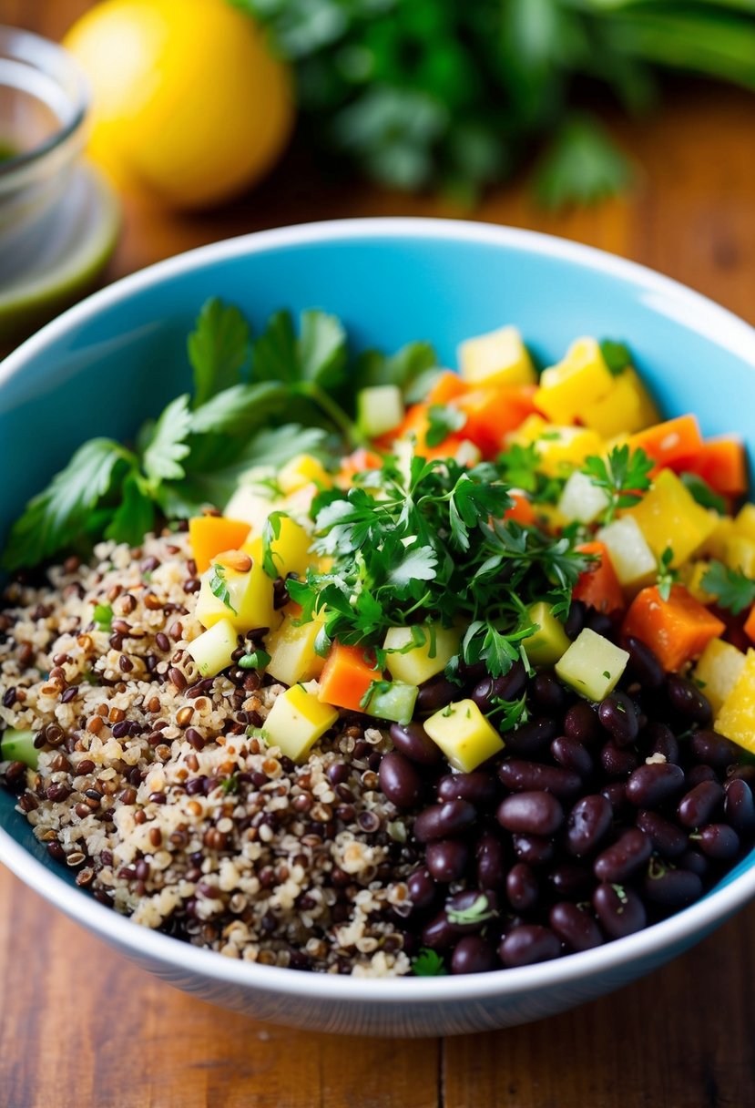 A colorful bowl filled with quinoa, black beans, diced vegetables, and fresh herbs, with a drizzle of vinaigrette on top