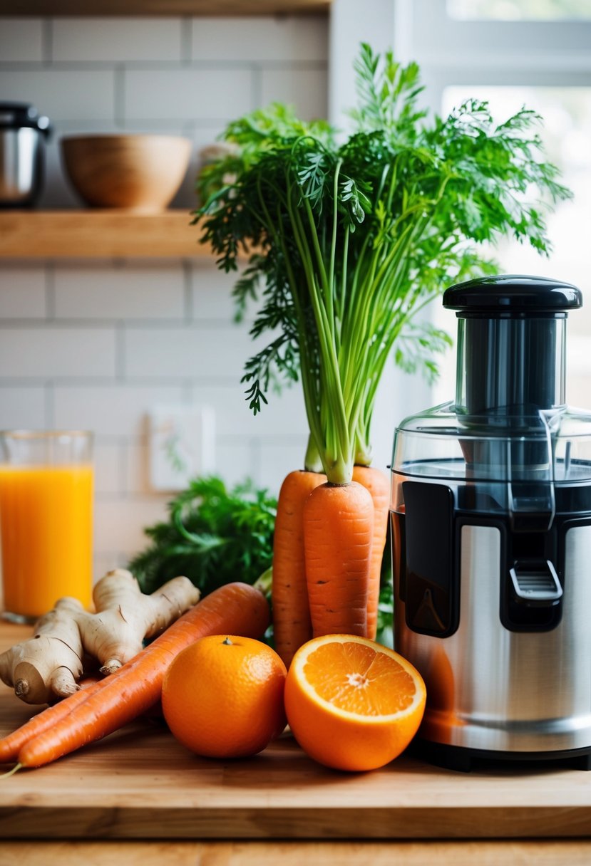 Fresh carrots, ginger root, and oranges arranged on a kitchen counter next to a juicer