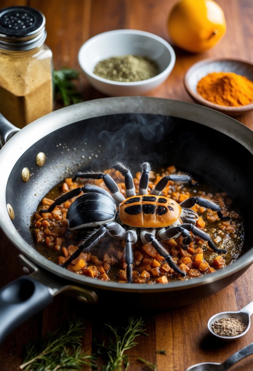 A tarantula carcass sizzling in a hot pan, surrounded by ingredients like spices and herbs