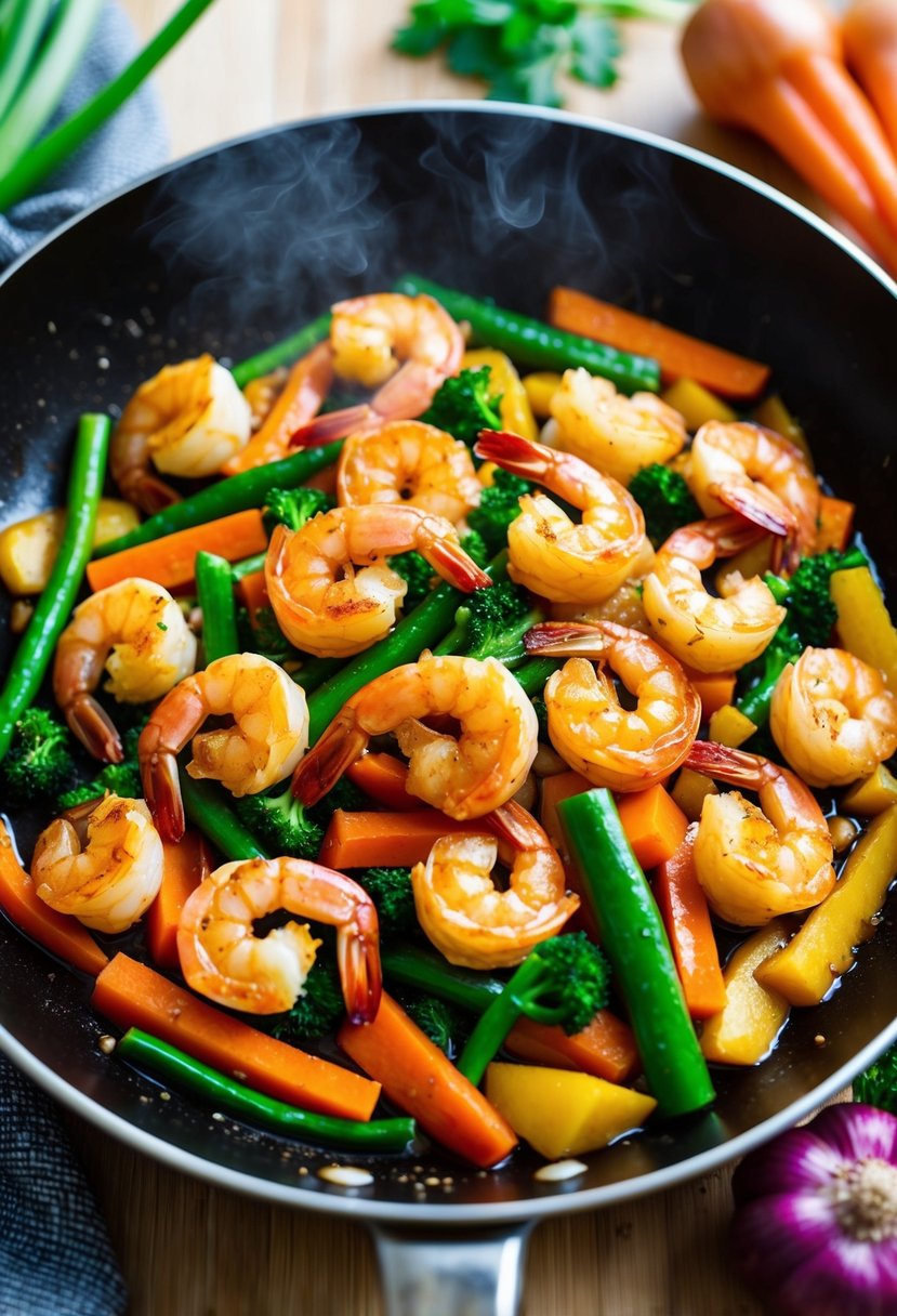 A sizzling skillet of honey garlic shrimp stir fry surrounded by colorful, vibrant vegetables, emitting a mouthwatering aroma