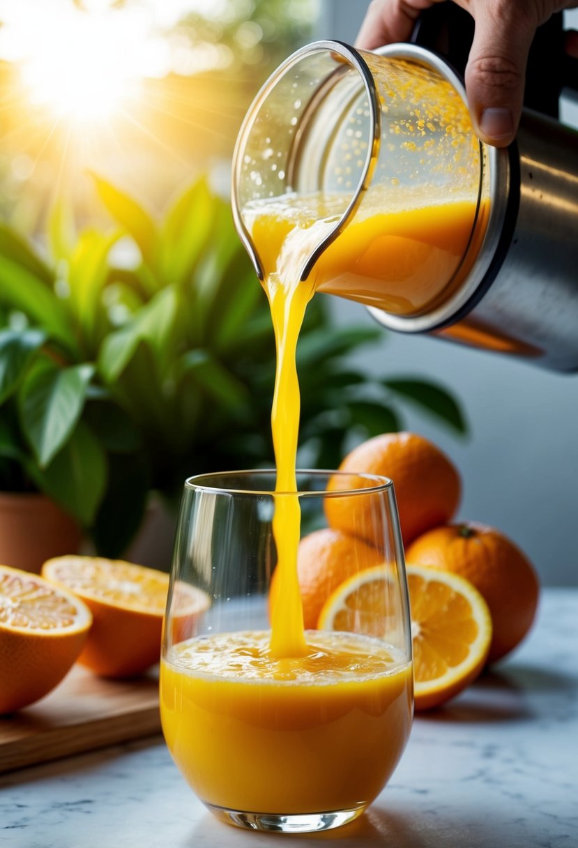 A glass of orange juice being poured from a juicer with fresh citrus fruits and a splash of sunshine in the background