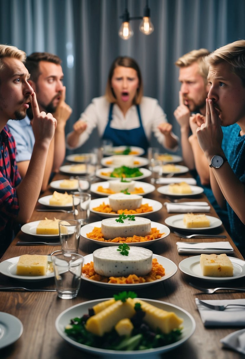 A table set with traditional Scandinavian dishes, including lutefisk, surrounded by disgusted faces and turned-up noses