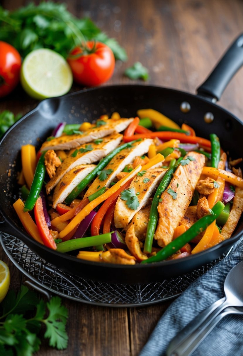 A sizzling skillet of colorful chicken fajitas with an assortment of vibrant vegetables and tender, juicy chicken strips