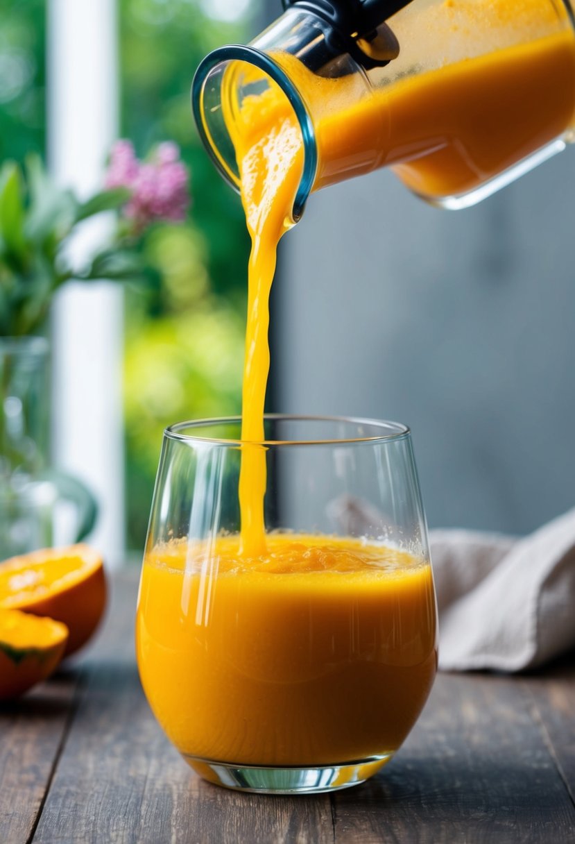 A glass of vibrant orange turmeric immunity-boosting juice being poured from a juicer into a clear glass