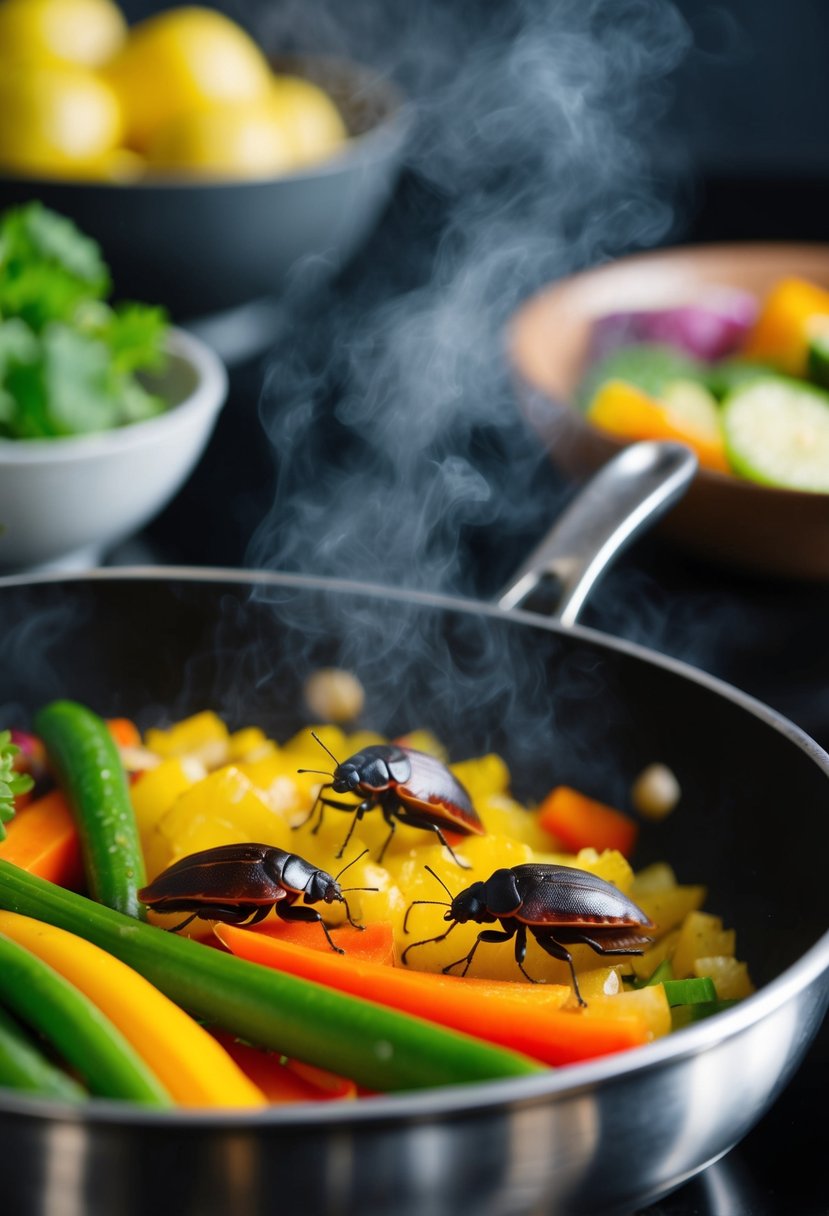 Stink bugs sizzle in a hot pan with colorful vegetables, emitting a pungent odor