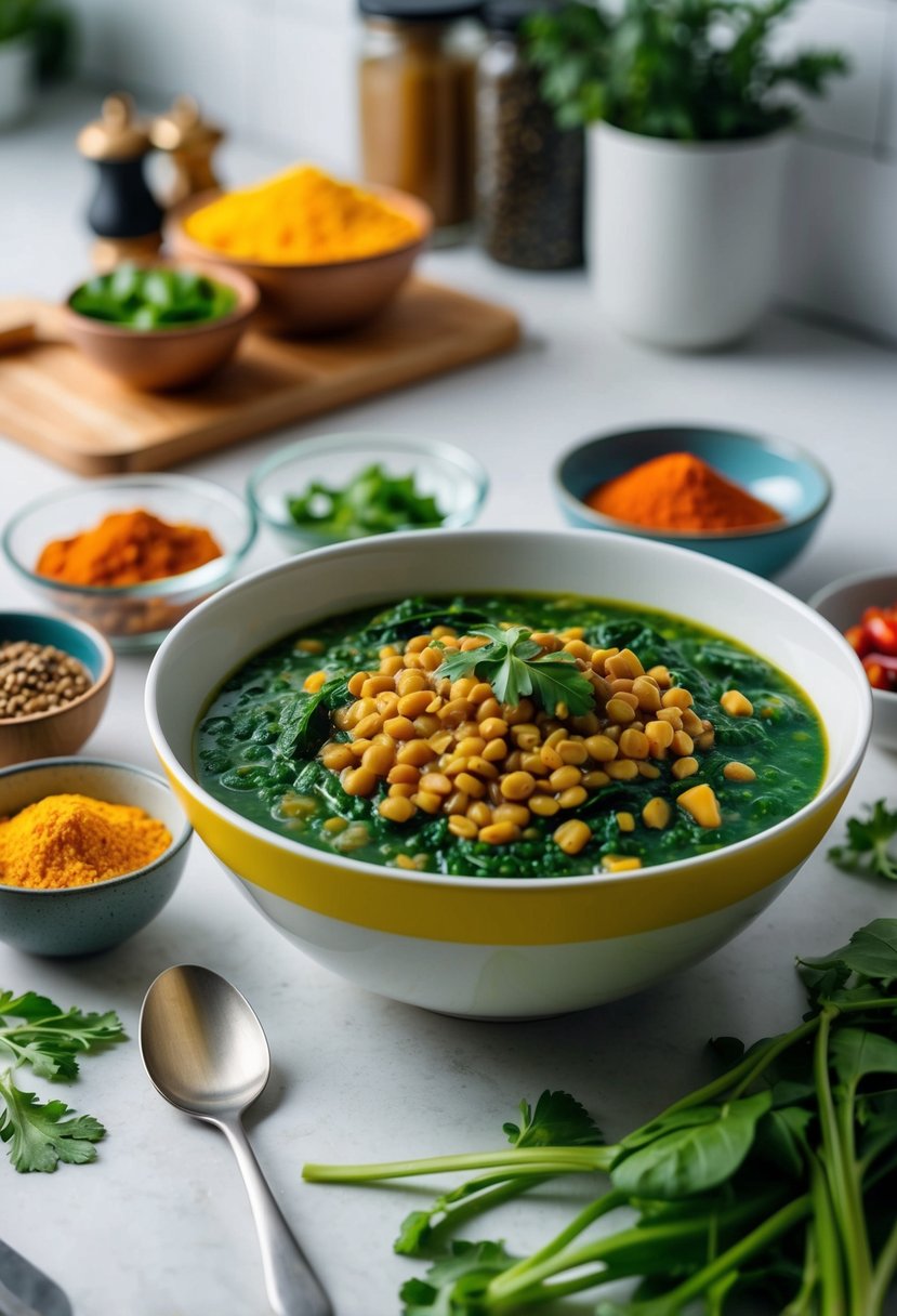 A vibrant bowl of lentil and spinach dal surrounded by colorful spices and fresh ingredients on a clean, modern kitchen counter