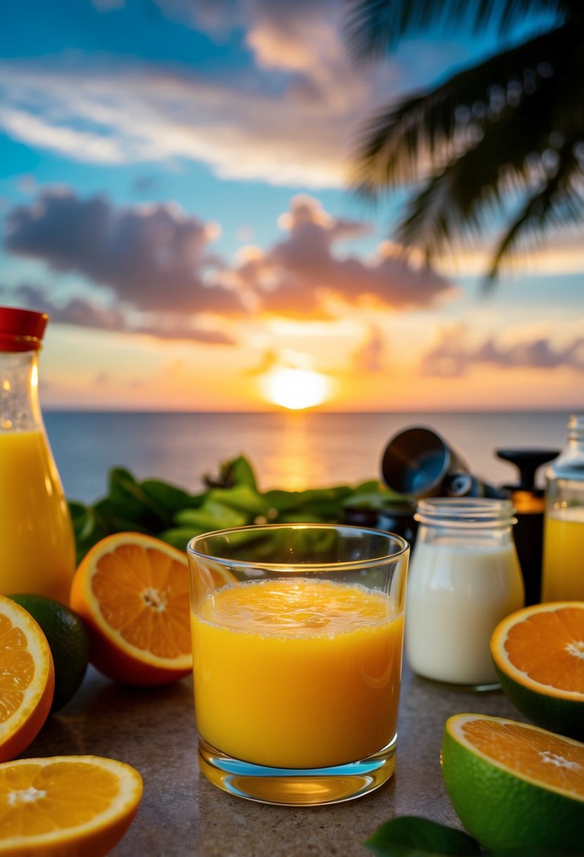 A vibrant tropical sunrise over a glass of freshly squeezed orange juice, surrounded by various juicing ingredients and equipment