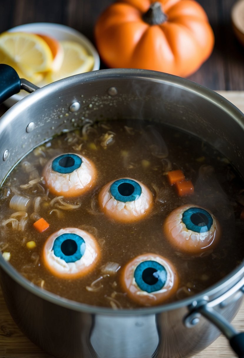 A bubbling pot of murky stew with large tuna eyeballs floating in it