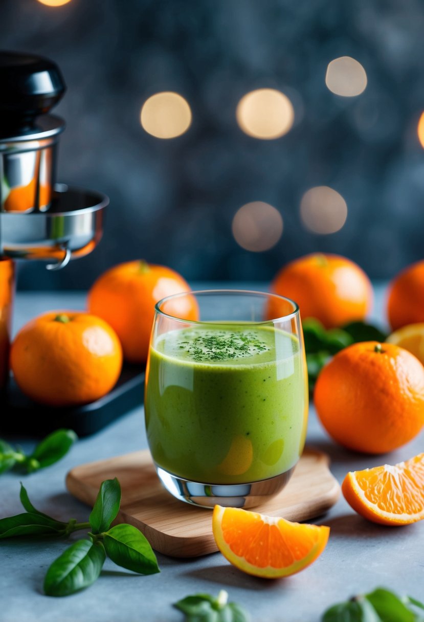 A glass of zesty orange green smoothie surrounded by oranges and a juicer