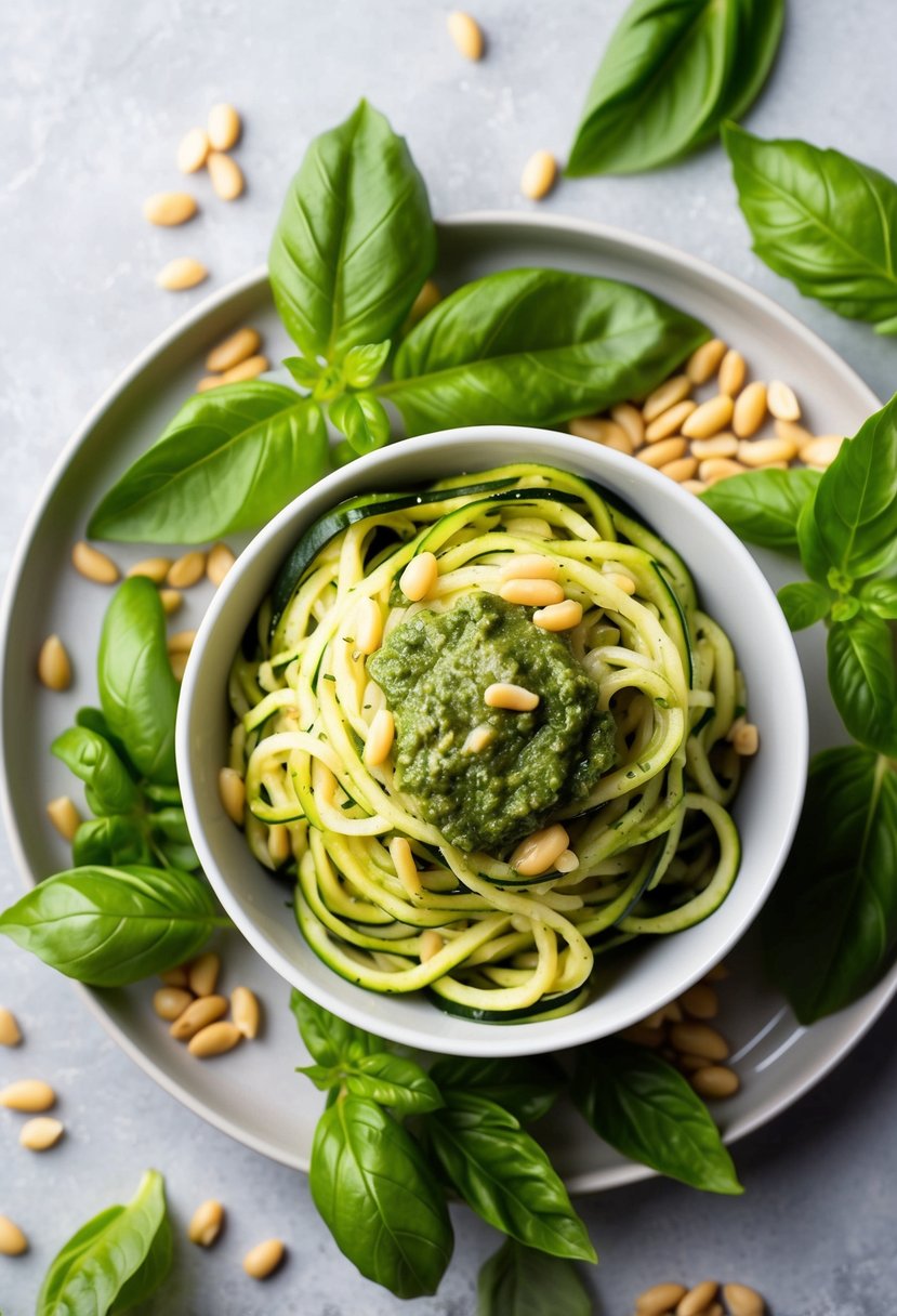 A bowl of zucchini noodles topped with pesto sauce, surrounded by fresh basil leaves and pine nuts