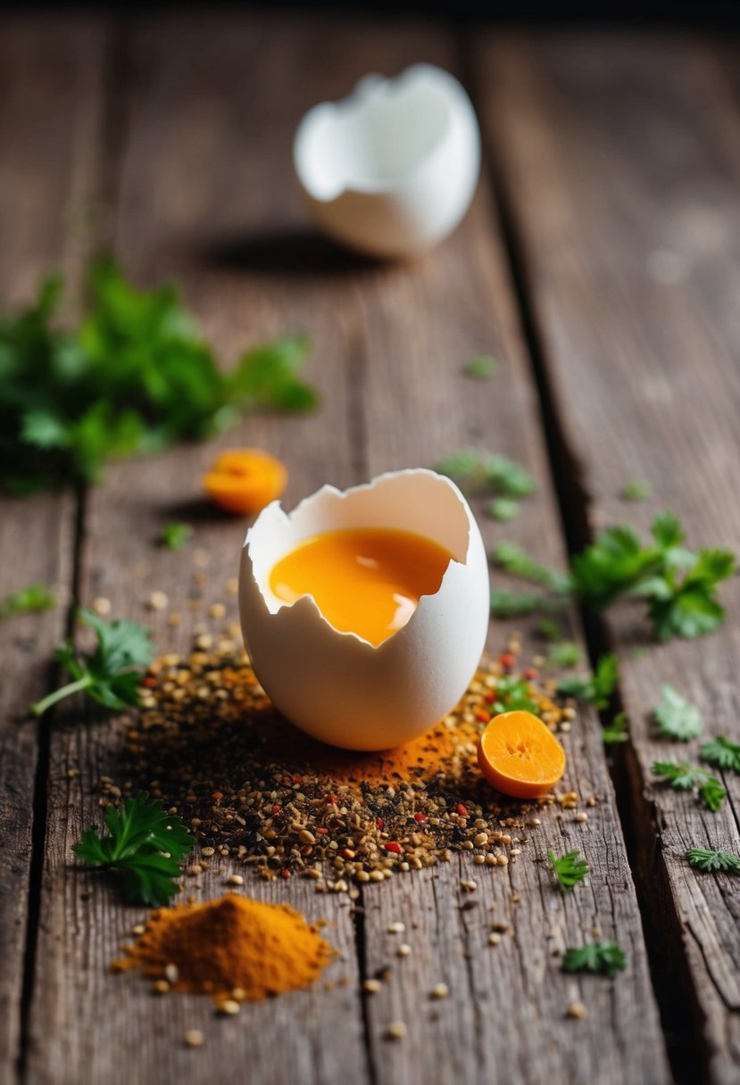 A cracked balut egg surrounded by scattered spices and herbs on a rustic wooden table