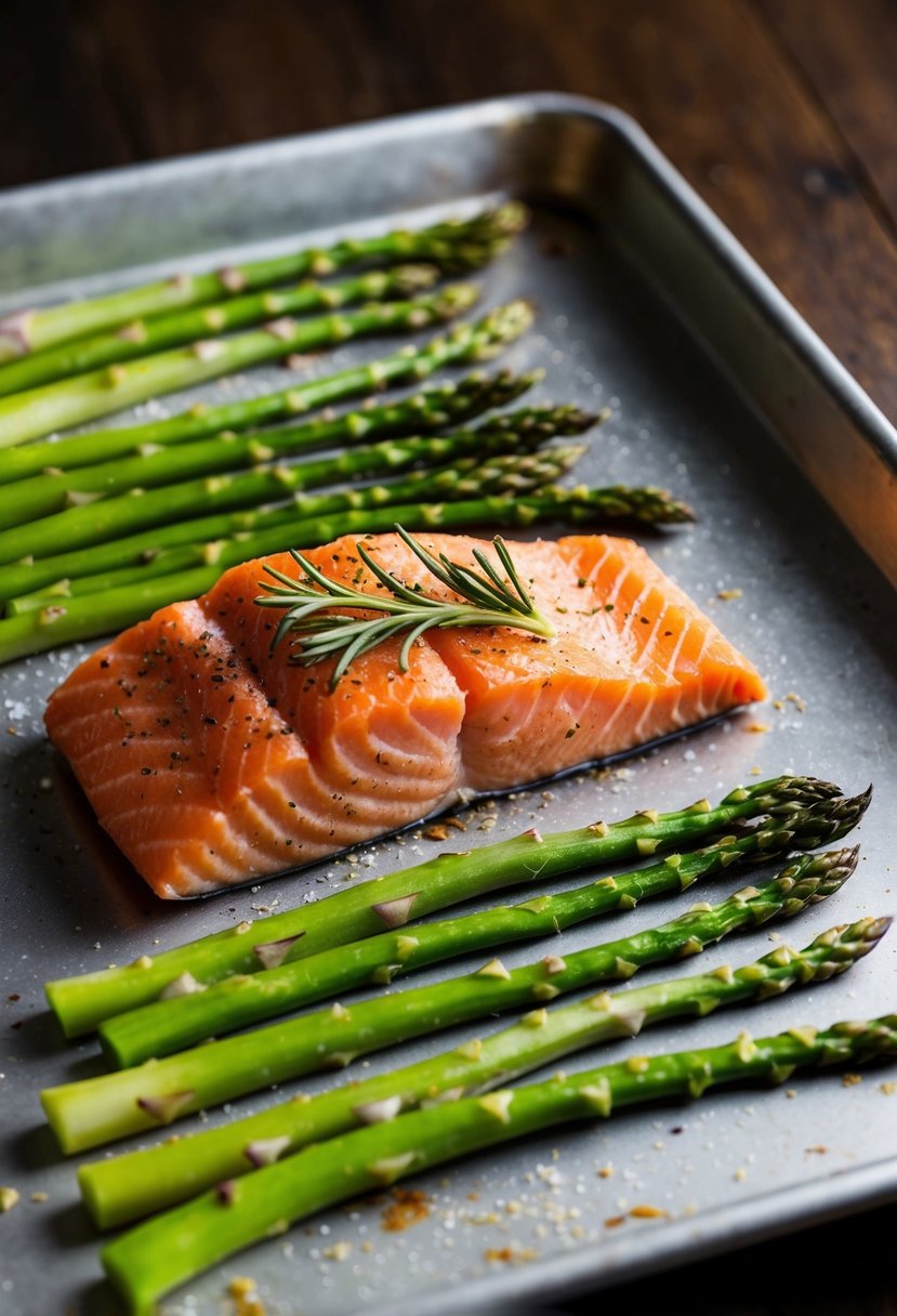 A salmon fillet and asparagus spears arranged on a baking sheet, ready to be seasoned and placed in the oven