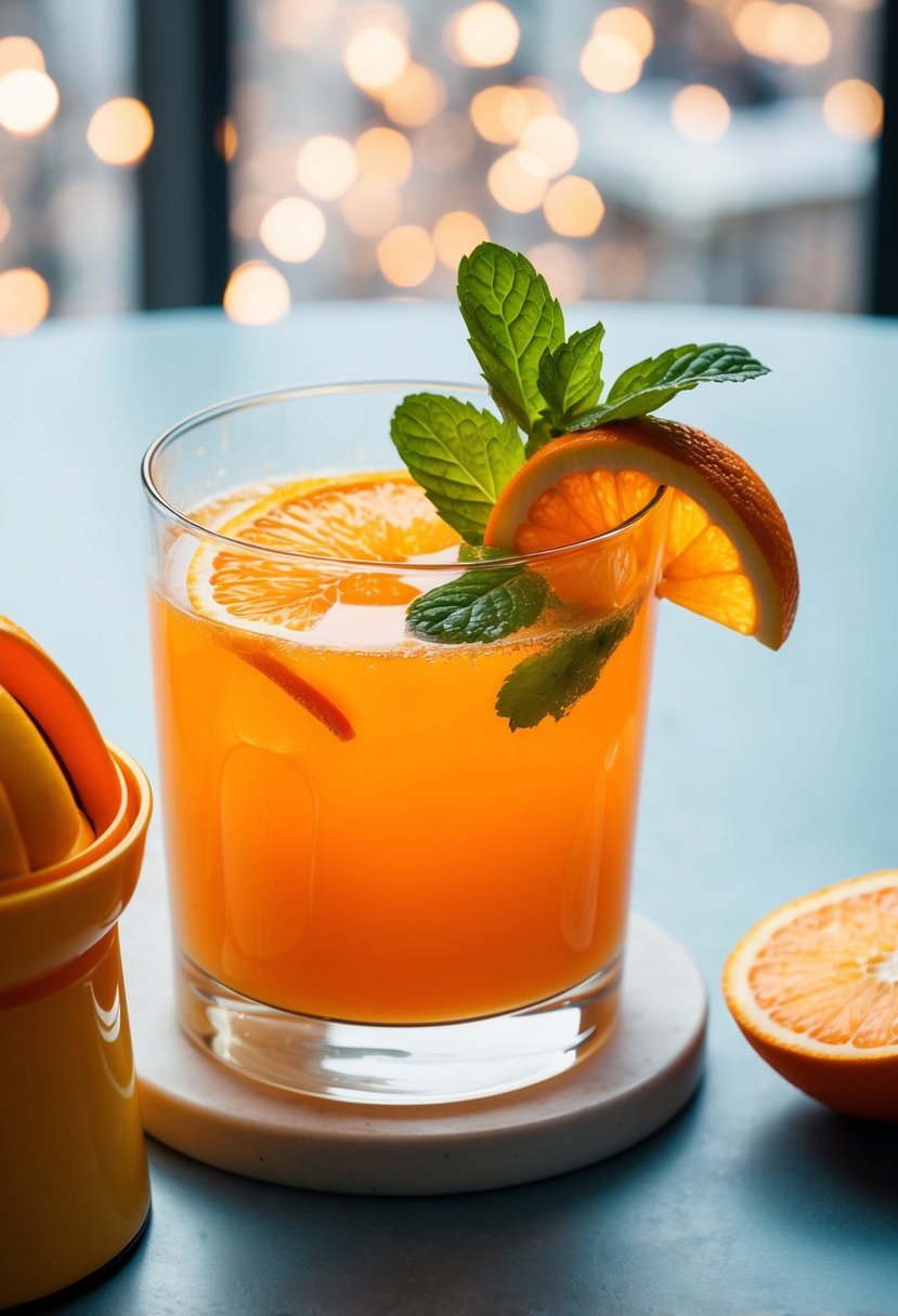 A glass filled with a vibrant orange liquid, garnished with a sprig of fresh mint and a slice of orange, sits on a table next to a juicer