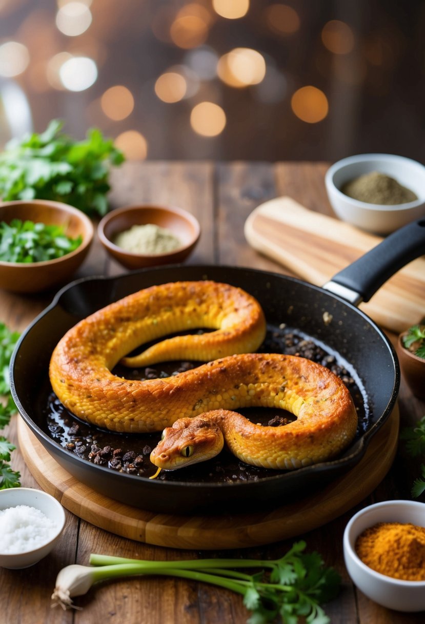 A sizzling skillet holds a crispy, golden-brown fried rattlesnake, surrounded by various ingredients and spices