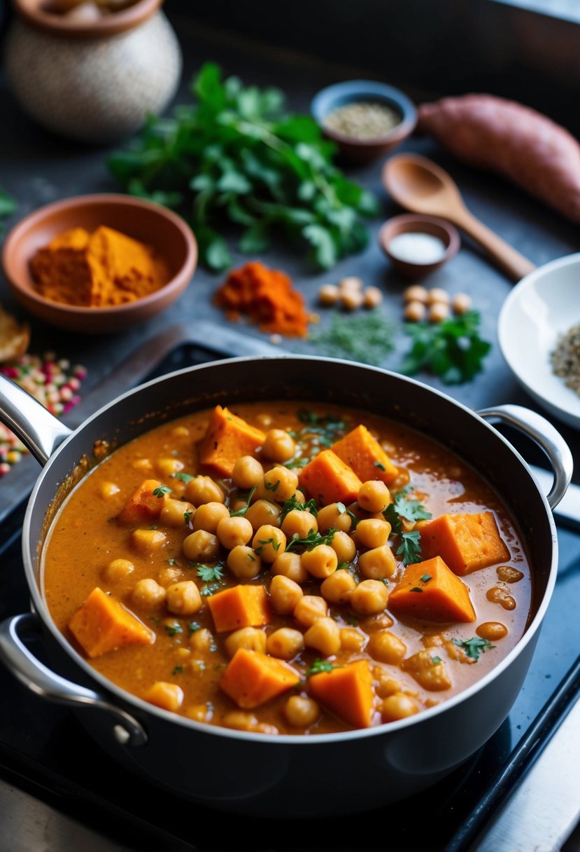 A bubbling pot of chickpea and sweet potato curry simmering on a stovetop, surrounded by colorful spices and fresh herbs