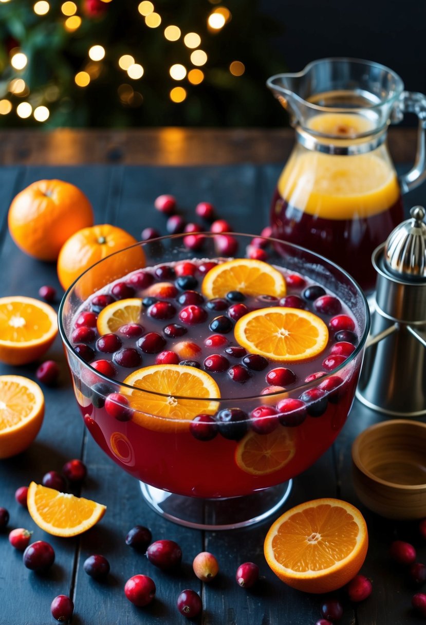 A festive punch bowl surrounded by fresh cranberries, oranges, and a juicer