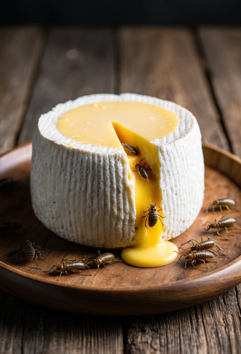 A wheel of Casu Marzu cheese oozing with maggots on a rustic wooden platter