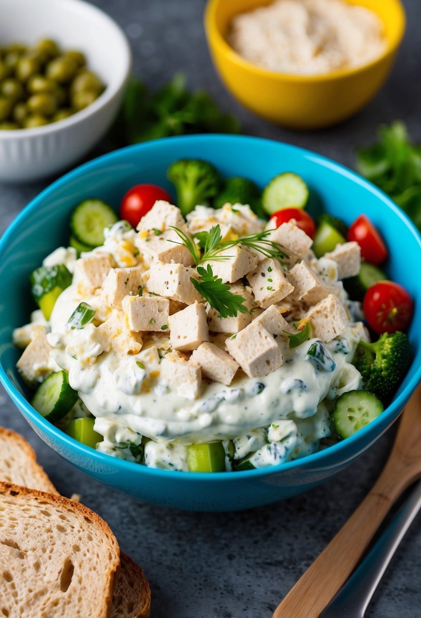 A bowl of Greek yogurt chicken salad surrounded by fresh vegetables and a side of whole grain bread