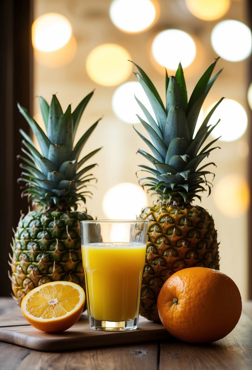 A glass of freshly squeezed orange juice next to a ripe pineapple and a juicer on a wooden table