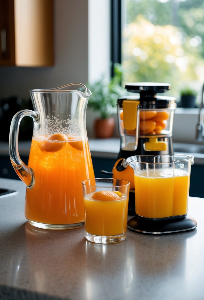 A glass pitcher filled with spiced orange punch sits next to freshly squeezed orange juice and a juicer on a kitchen counter