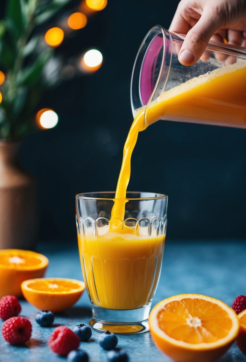 A vibrant orange juice being poured into a glass from a juicer, with fresh berries and oranges scattered around