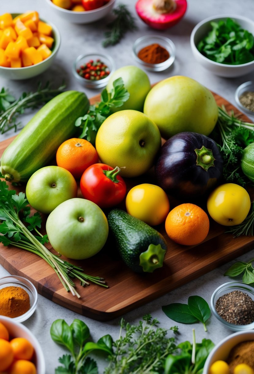 Fresh fruits and vegetables arranged on a wooden cutting board, surrounded by colorful spices and herbs